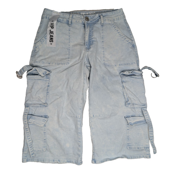 NWT VIP Jeans Shorts Blue Light Wash Size 7/28 Dual Cargo Straps Wide Leg - Picture 1 of 9